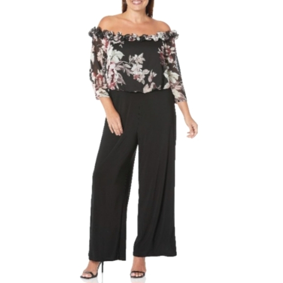 NEW Adrianna Papell Black/Floral‎ Off the Shoulder Jumpsuit Size 2 - Picture 1 of 13